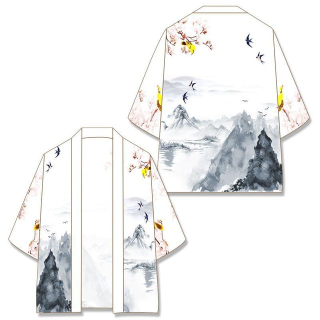 中国风 宋制汉服改良日系kimono道袍山水画水墨风格羽织法袍冰丝