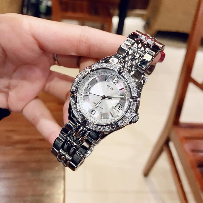 代购正品盖斯Guess手表时尚水晶镶钻大表盘银色防水女腕表G75511M