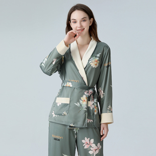 IIZZINI特价 清仓 睡衣女冬长袖 冰丝加绒国风芍药花家居服套装