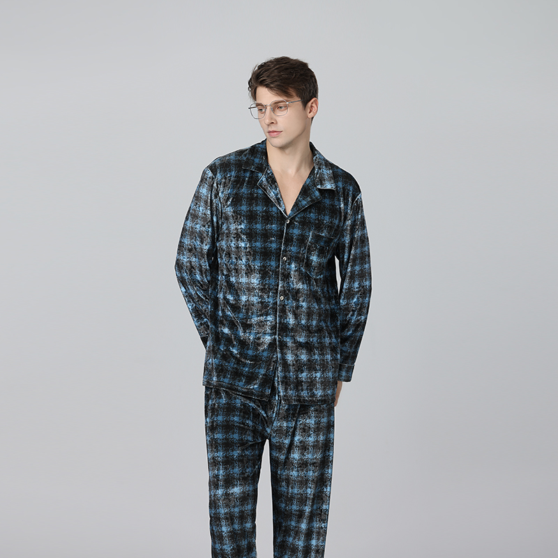 灰蓝格奢华男金丝绒睡衣套装