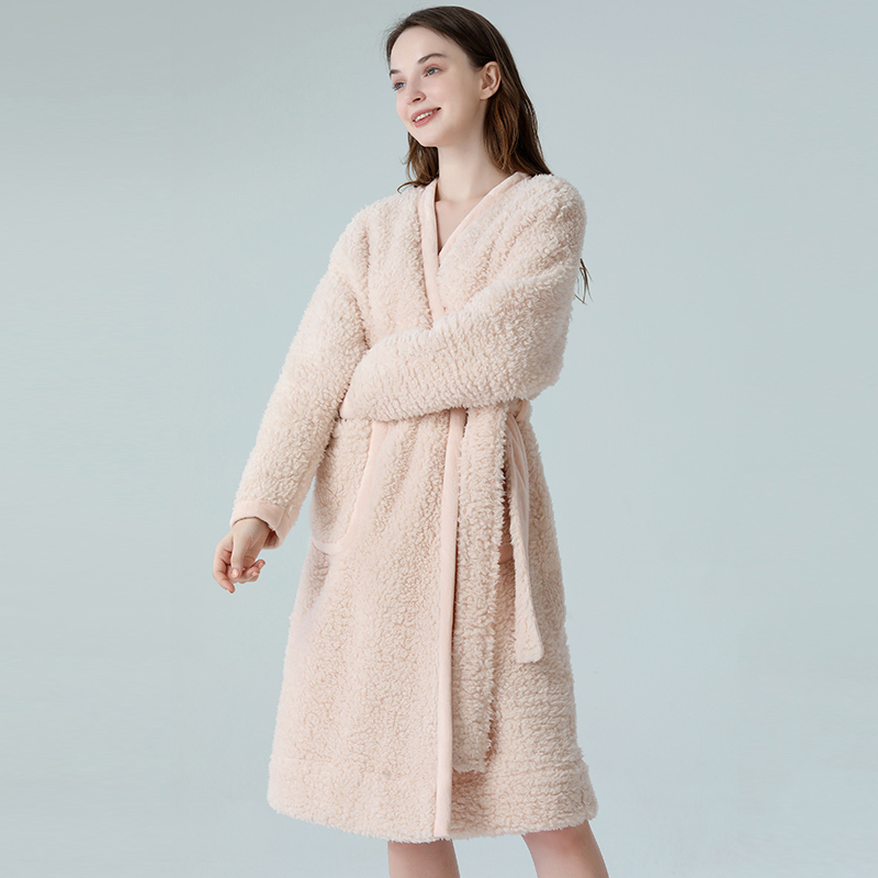 IIZZINI 睡袍女冬长袖珊瑚绒加厚法兰绒系带简约女家居服浴袍