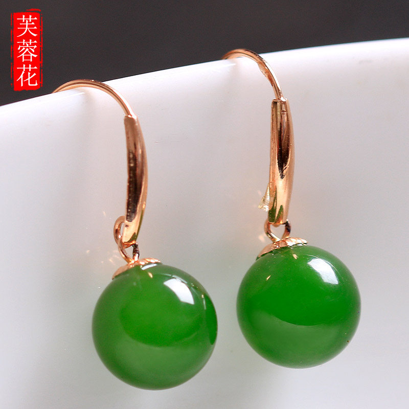 芙蓉花18k金镶玉石菠菜绿耳钩图片
