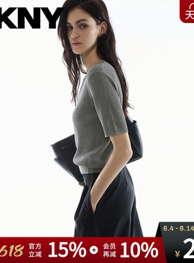 DKNY唐可娜儿26夏季新款圆领短袖针织衫女肌理休闲T恤灰色上衣潮