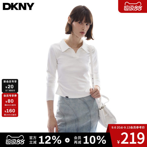 DKNY唐可娜儿美式POLO领长袖T恤女春秋季修身百搭打底衫内搭上衣t