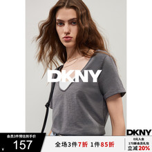 DKNY唐可娜儿2025春夏新款百搭流行拼接撞色V领假两件t恤短袖女