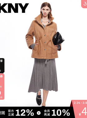 DKNY唐可娜儿秋冬季女装纯色仿羊羔绒休闲通勤风抽绳收腰大衣外套