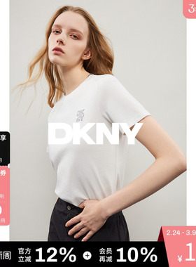【100%棉】DKNY唐可娜儿春夏短袖T恤女圆领白色百搭上衣字母亮片