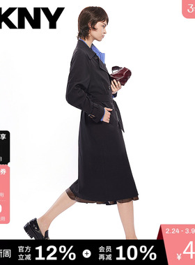 DKNY唐可娜儿风衣外套女黑色长款双排扣翻领收腰上衣时尚高级潮流