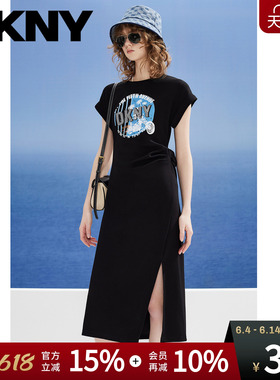 DKNY唐可娜儿夏季款短袖连衣裙女黑色圆领LOGO印花美式复古开叉潮