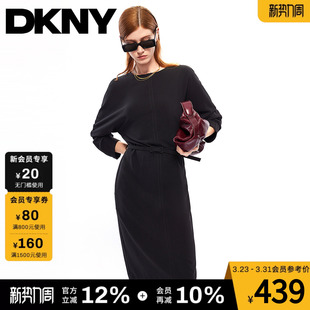 收腰修身 连衣裙子女圆领纯黑色中长款 显瘦 蝙蝠袖 DKNY唐可娜儿春季