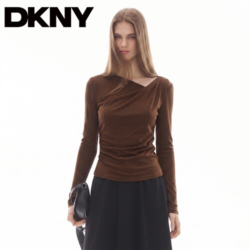 【莱赛尔羊毛】DKNY唐可娜儿美式荡领长袖T恤女秋季修身慵懒上衣t