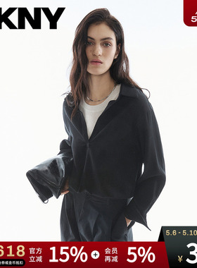 DKNY唐可娜儿26春夏新款针织衬衫女假两件圆领休闲时尚上衣叠穿潮