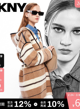 DKNY唐可娜儿秋冬季女装上衣经典条纹复古羊毛双面呢连帽斗篷大衣