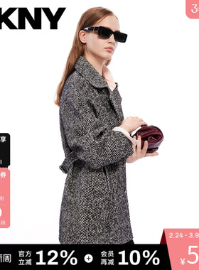 DKNY唐可娜儿秋冬毛呢大衣外套女翻领斜纹双排扣中长款时尚格雷系