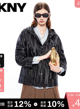 DKNY唐可娜儿PU皮夹克外套女装黑色宽松连帽时尚休闲简约潮流上衣