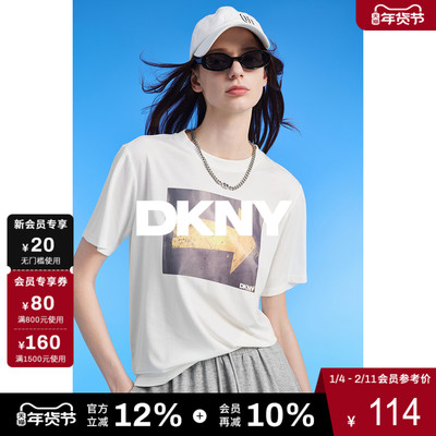 DKNY唐可娜儿夏季简约百搭圆领印花宽松休闲短袖T恤上衣女士时尚