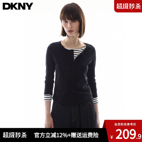 【假两件】DKNY唐可娜儿美式条纹拼接长袖T恤女秋季修身打底上衣t