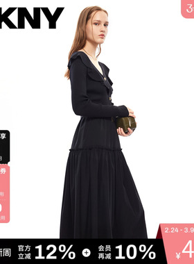 DKNY唐可娜儿春季款长袖针织连衣裙子女V领荷叶边时尚黑色A字腰带