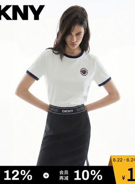 DKNY唐可娜儿夏季短袖T恤女白色复古印花刺绣正肩休闲简约上衣