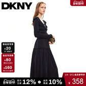 DKNY唐可娜儿秋季 V领荷叶边拼接A字腰带针织连衣裙女设计感时尚