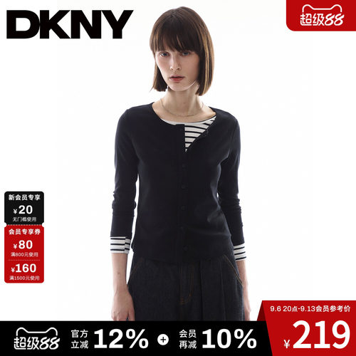 【假两件】DKNY唐可娜儿美式条纹拼接长袖T恤女秋季修身打底上衣t