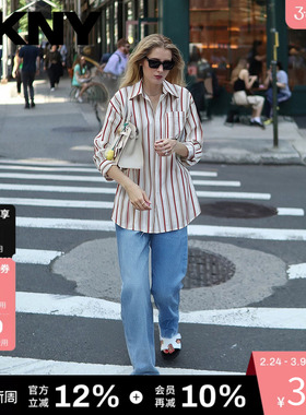 DKNY唐可娜儿长袖衬衫女士宽松百搭条纹简约浪漫休闲时尚上衣潮流