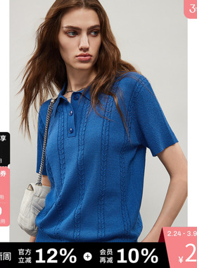 DKNY唐可娜儿春夏polo短袖针织衫女T恤纯色肌理百搭翻领套头上衣