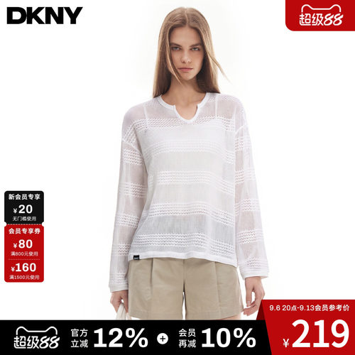 DKNY唐可娜儿美式V领长袖T恤女春秋季宽松显瘦慵懒风镂空罩衫上衣