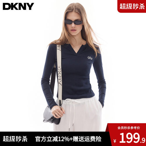 DKNY唐可娜儿美式复古V领长袖T恤女春秋季修身打底衫内搭辣妹上衣