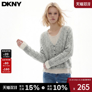 【羊毛假两件针织开衫】DKNY唐可娜儿26新款破洞镂空设计感毛衣女