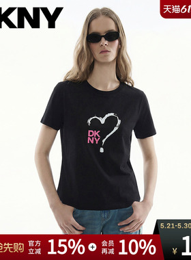 DKNY唐可娜儿26夏季新款短袖T恤女黑色正肩圆领印花上衣简约百搭