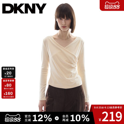 【莱赛尔羊毛】DKNY唐可娜儿美式V领交叉长袖T恤女秋季打底衫上衣