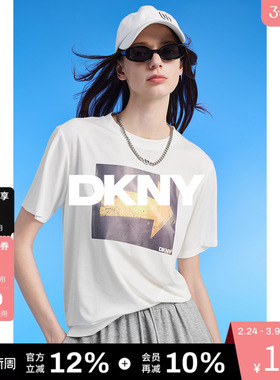 DKNY唐可娜儿夏季简约百搭圆领印花宽松休闲短袖T恤上衣女士时尚