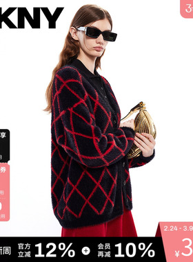 DKNY唐可娜儿秋冬V领针织开衫外套女装复古时尚菱形格纹慵懒宽松
