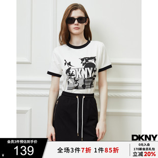 口字母刺绣LOGO印花短袖 女撞色袖 T恤 唐可娜儿夏季 DKNY