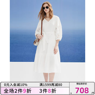 DKNY/唐可娜儿2024春夏新品女V领蕾丝拼接灯笼袖腰带蛋糕连衣裙