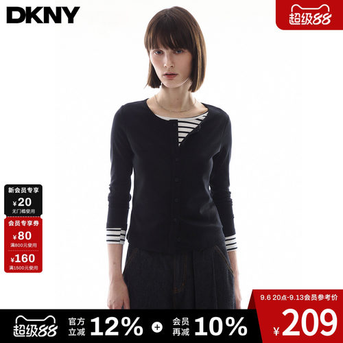 【假两件】DKNY唐可娜儿美式条纹拼接长袖T恤女秋季修身打底上衣t