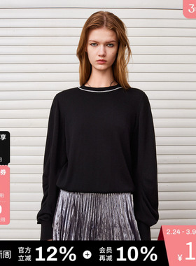 DKNY唐可娜儿秋季女士领圈银丝装饰正肩圆领套头针织衫时尚感休闲