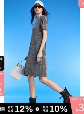 DKNY唐可娜儿春夏款短袖连衣裙女士中长复古银丝满钻宽松直筒潮流