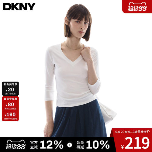 【莱赛尔】DKNY唐可娜儿美式七分袖v领长袖t恤女秋季内搭辣妹上衣