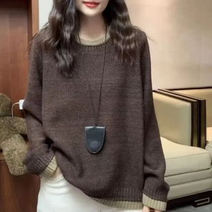 慵懒风拼色圆领针织打底衫女棉纱毛衣女时尚百搭宽松百搭洋气上衣