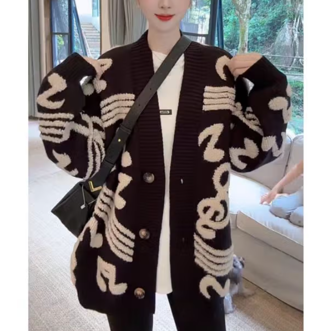 网红休闲慵懒风针织开衫女撞色大毛针织衫