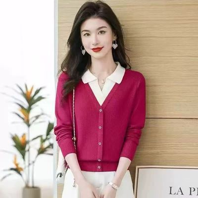 2025秋冬撞色时尚洋气针织打底衫女翻领轻职风宽松百搭毛衣上衣潮