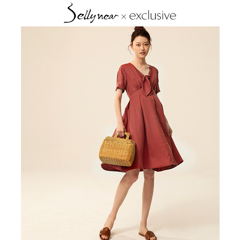 SELLYNEAR孕妇连衣裙夏装2019新款潮妈时尚减龄兔耳V领系带哺乳裙