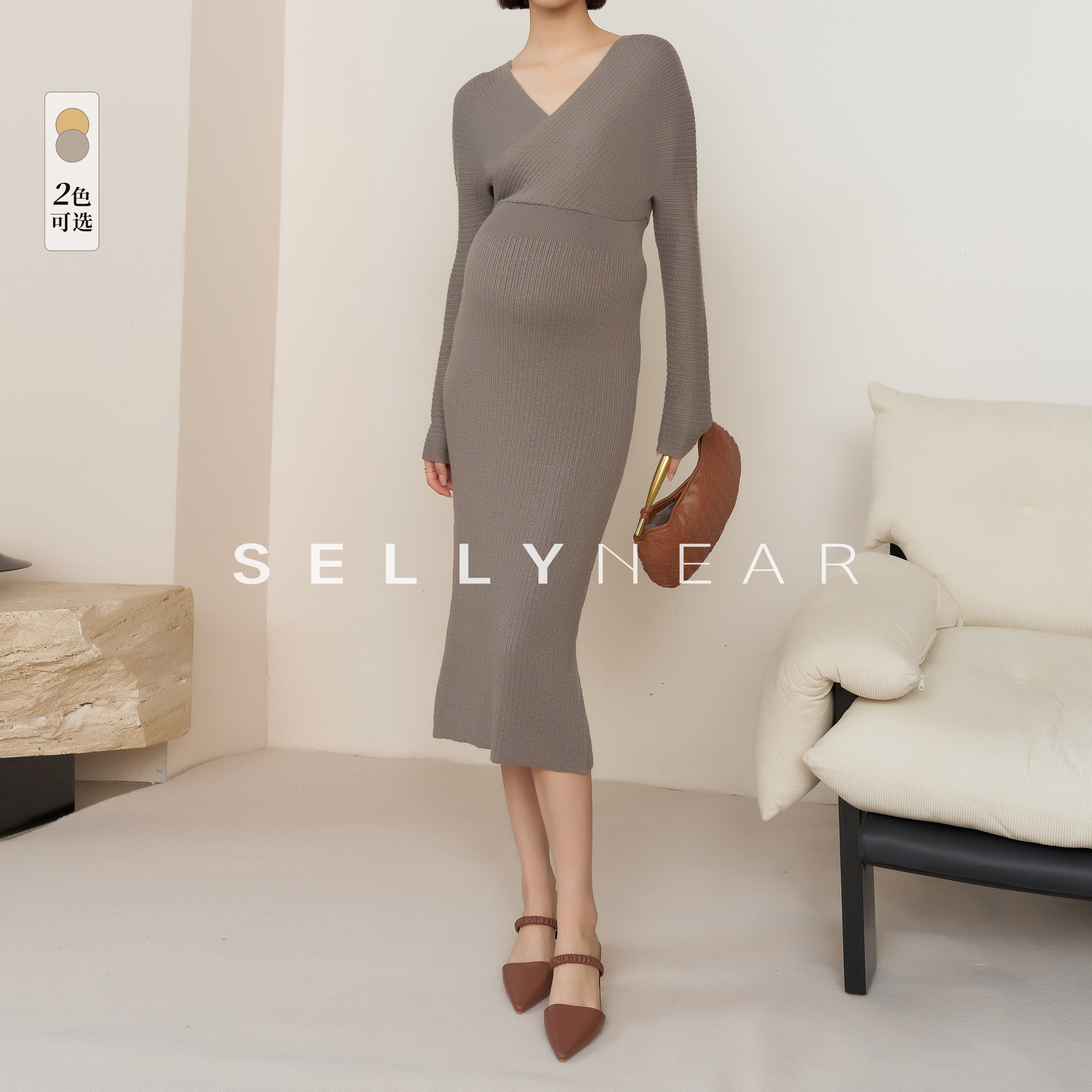 SELLYNEAR孕妇春秋装连衣裙新款休闲复古交叉V领毛衫时尚针织裙