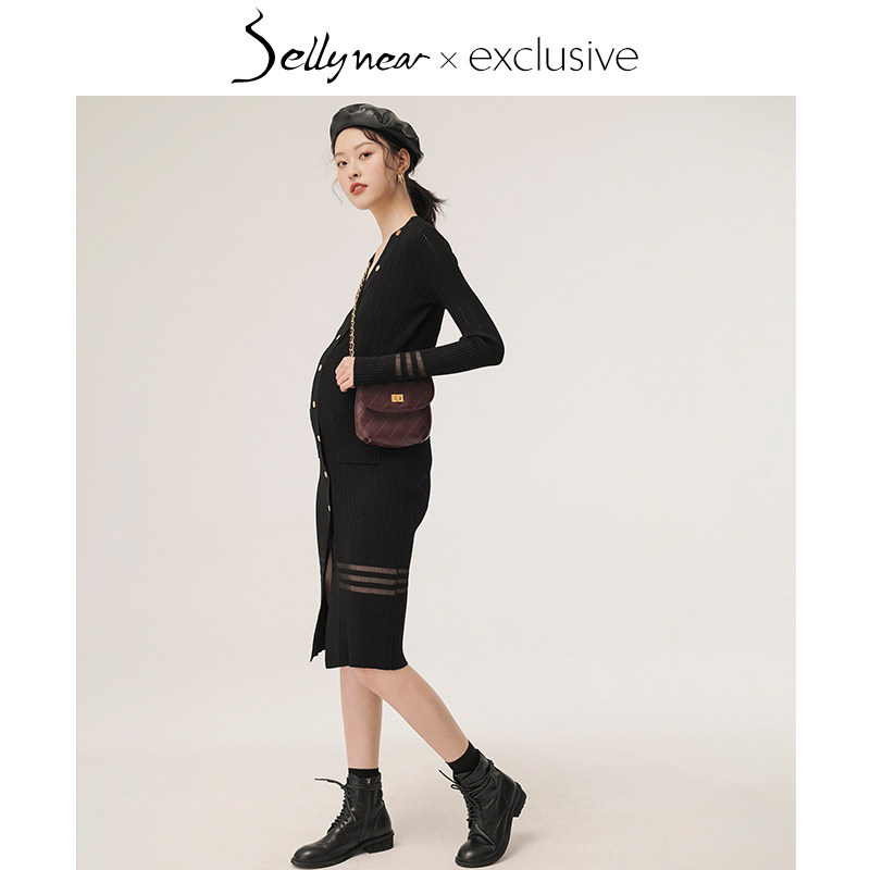 SELLYNEAR洋气孕妇装秋装春秋时尚修身中长款V领针织连衣哺乳裙子