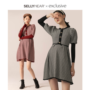SELLYNEAR孕妇装时尚千鸟格可哺乳复古连衣裙秋冬装时尚新款