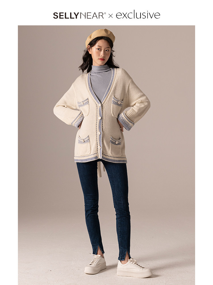 SELLYNEAR 서양식 출산 가을 옷 파란색과 흰색 작은 향기 가디건 재킷 봄과 가을 스타일 아우터