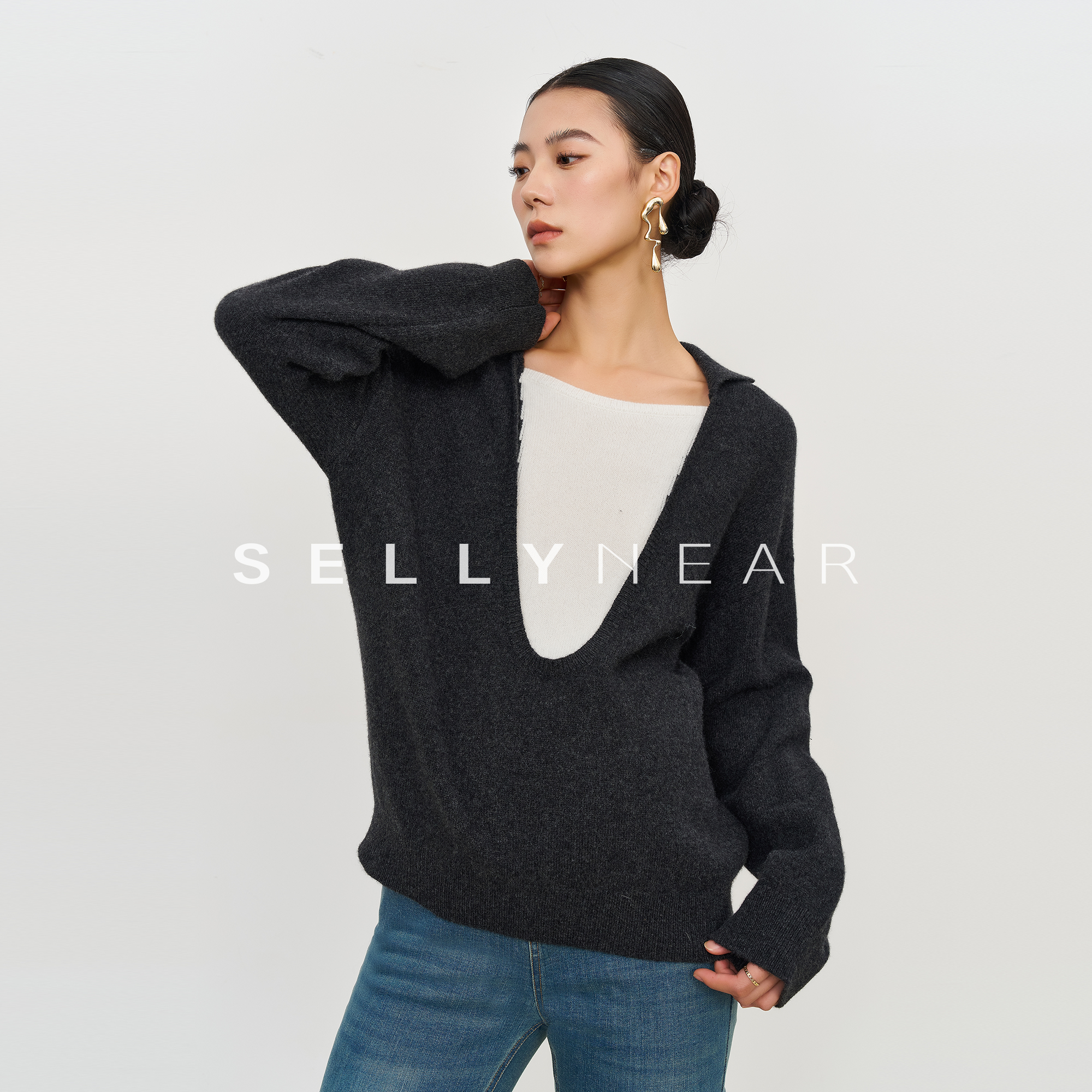 SELLYNEAR孕妇毛衣秋冬装外穿时尚宽松慵懒假两件撞色全羊毛毛衫