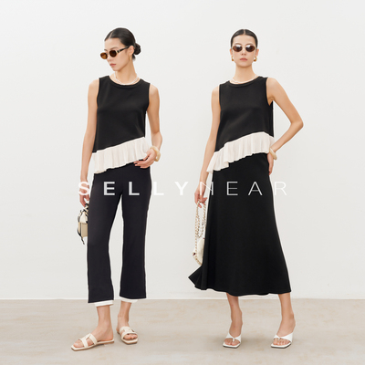 SELLYNEAR孕妇t恤夏季新款时尚法式圆领不规则撞色拼接荷叶边上衣